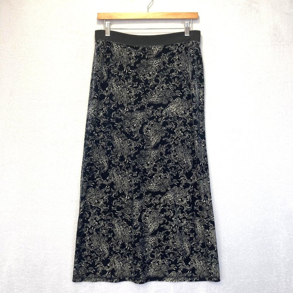 Liz Claiborne Velvet Paisley Maxi Skirt Womens Small Black White Stretch Long